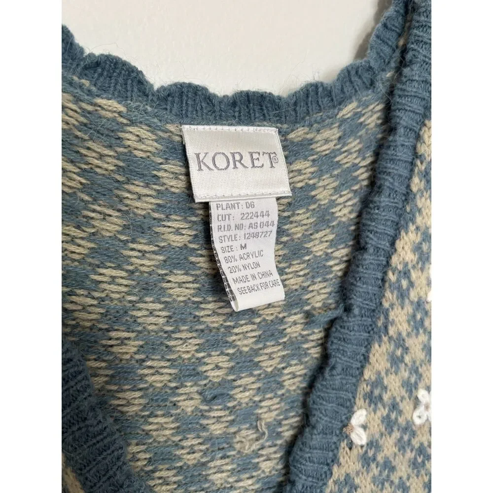 VTG Style Koret Fair Isle Sweater Vest Blue Tan Floral‎ Pearl Button M Academia